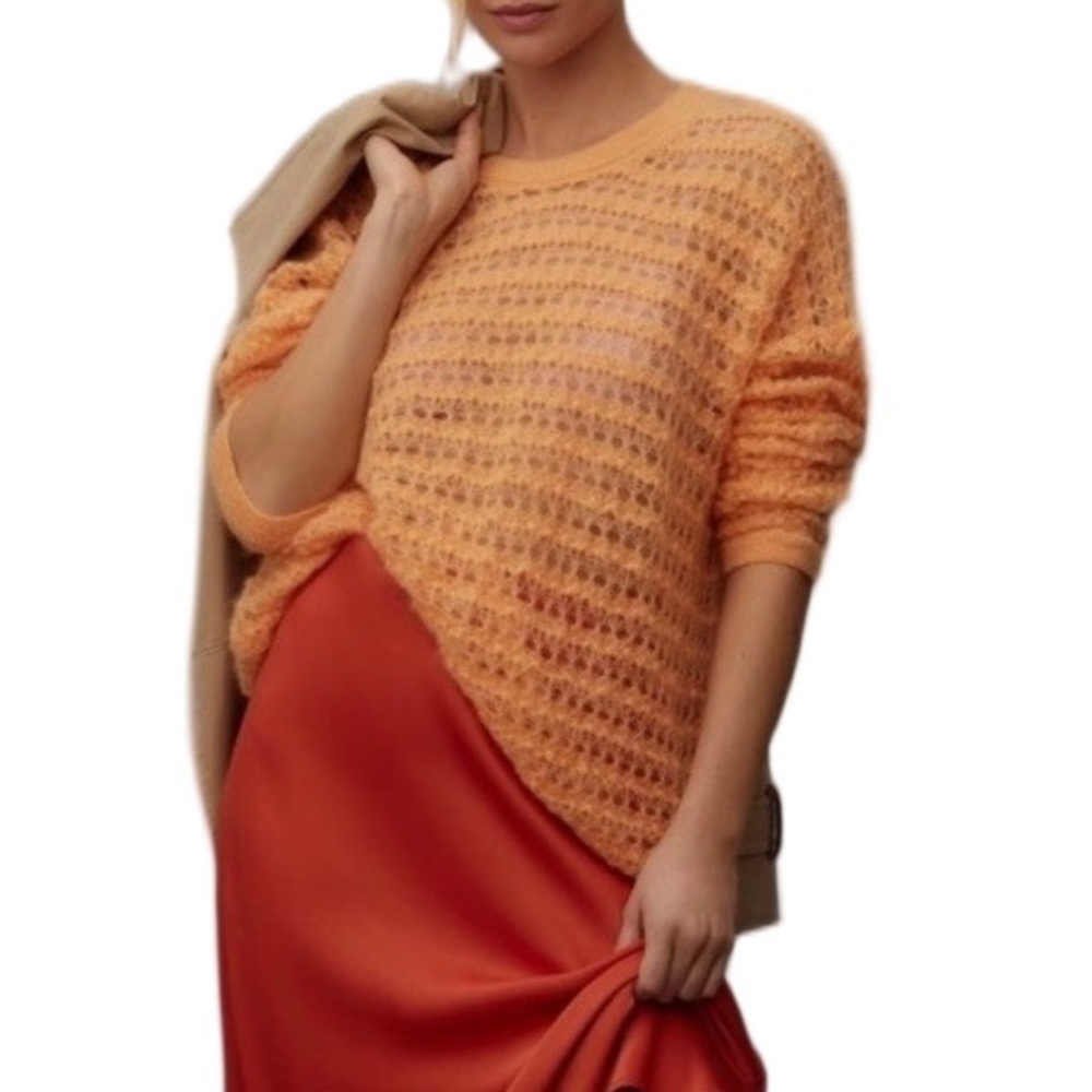 Anthropologie Open Stitch Wool Blend Pullover Crocheted Sweater Small Crewneck